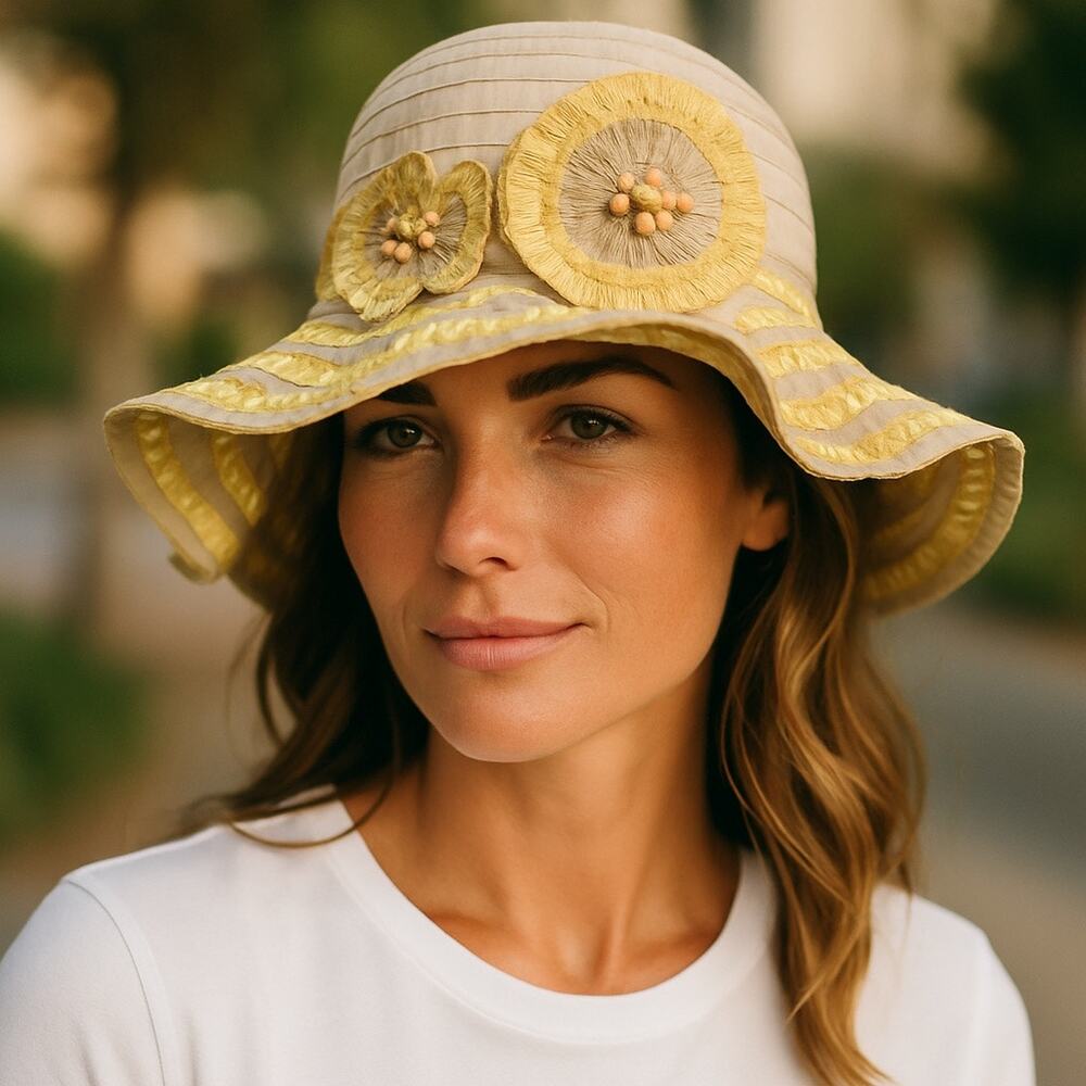 Caribbean Joe Floral Woven Bucket Hat Floppy Sun Beach Paper Straw Boho Tropical